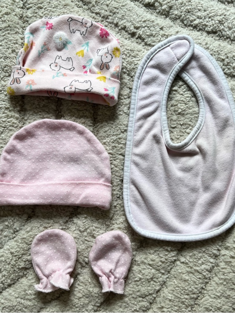 Baby Pink Hat, Mittens & Bib Set - Soft Newborn Accessories